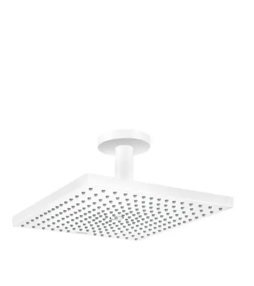 Weißer Duschkopf mit quadratischer Form und Deckenanschluss, ausgestattet mit mehreren Düsen. Produkt von Hansgrohe.